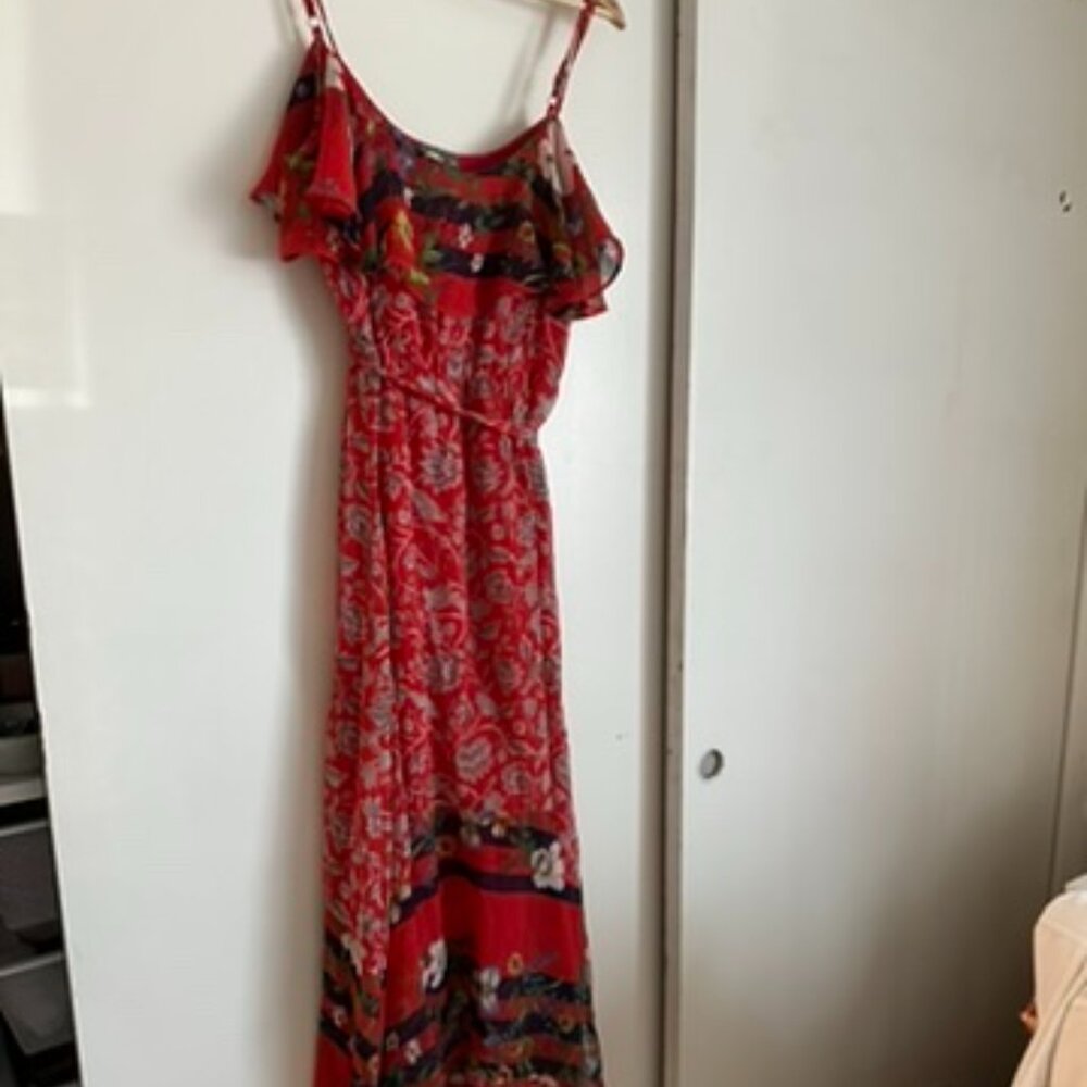 Anthropologie Red Floral Maxi Dress – Boho Festival Summer Sundress – Sz Small